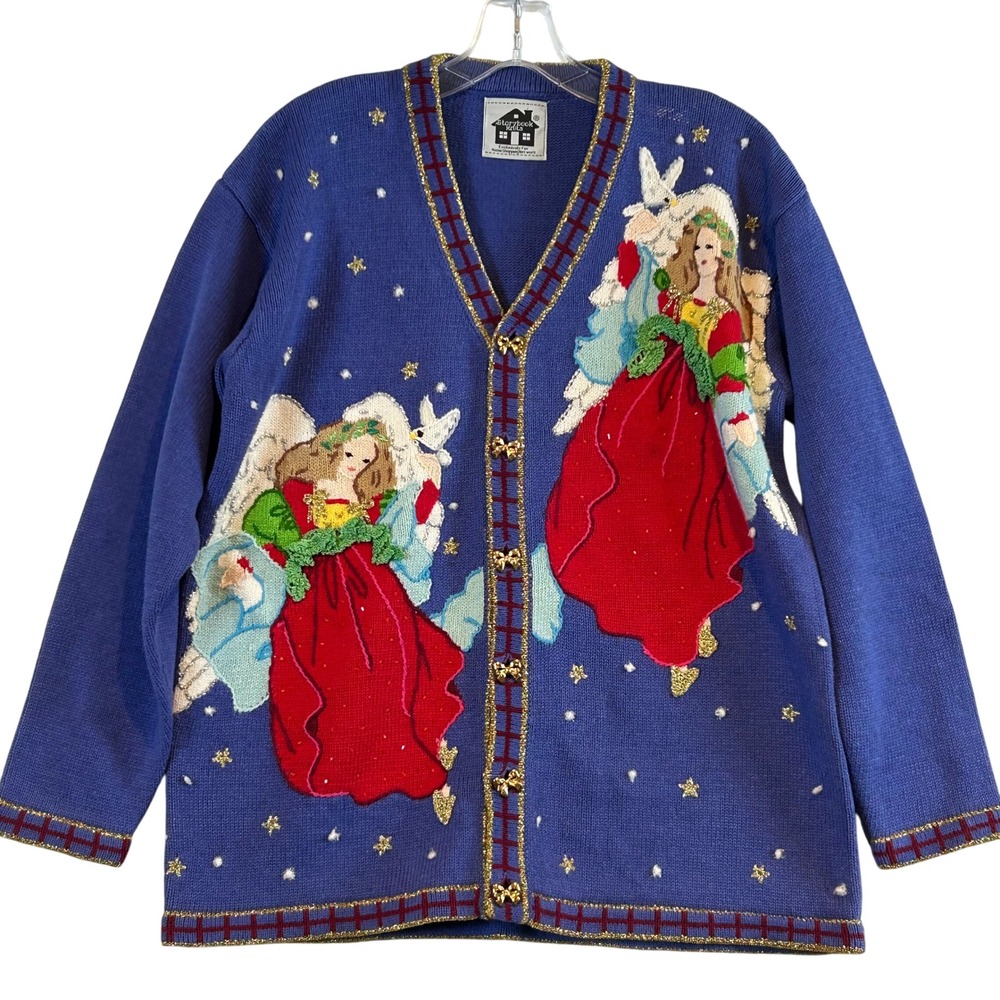 VTG HSN Storybook Knits Angel Christmas Cardigan Metallic Gold Bow Grannycore